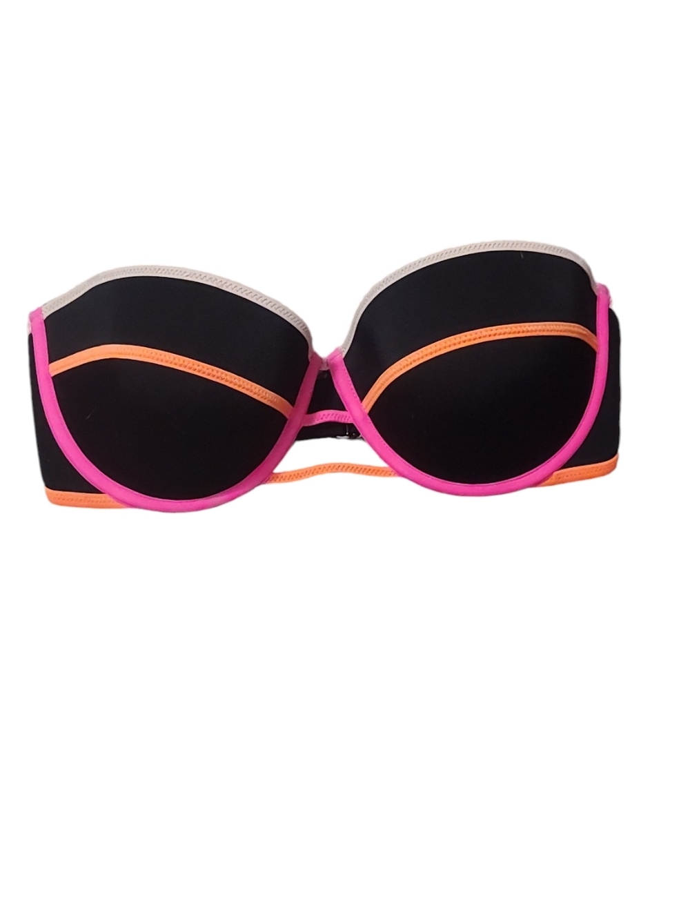 Victoria's Secret Underwire Strapless Black Bikini Top  Pink & Orange Trim 32DD